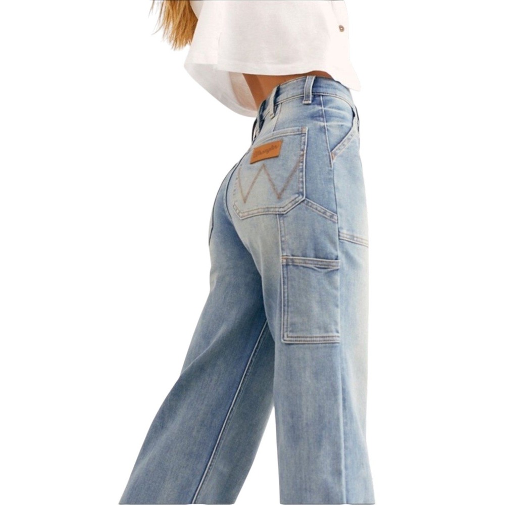 Wrangler Wide-Leg Utility Crop Jeans Womens 29 Blue High Rise Patch Pocket Retro